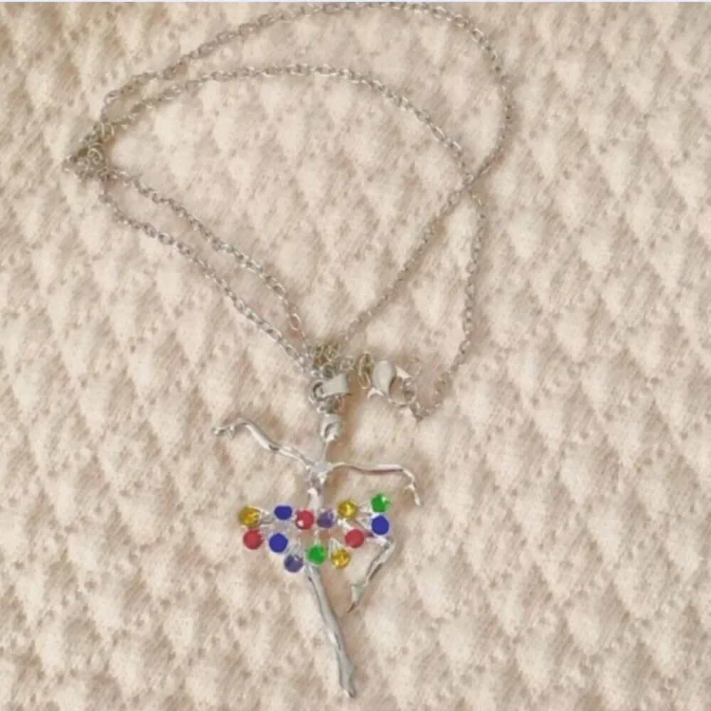 Crystal Ballerina with Rainbow Tutu Pendant Necklace